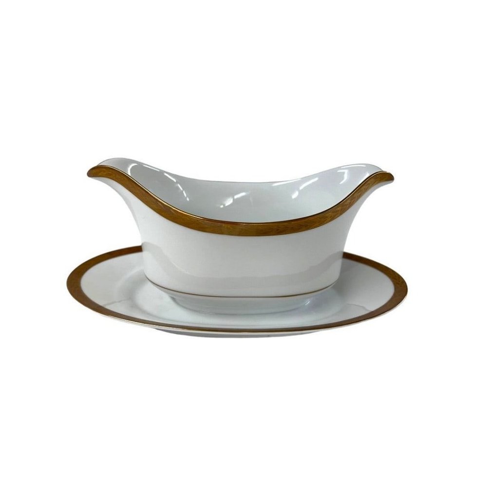 Sango Royalty Pattern White Gold Trim Gray Boat with Attached Underplate 1970s